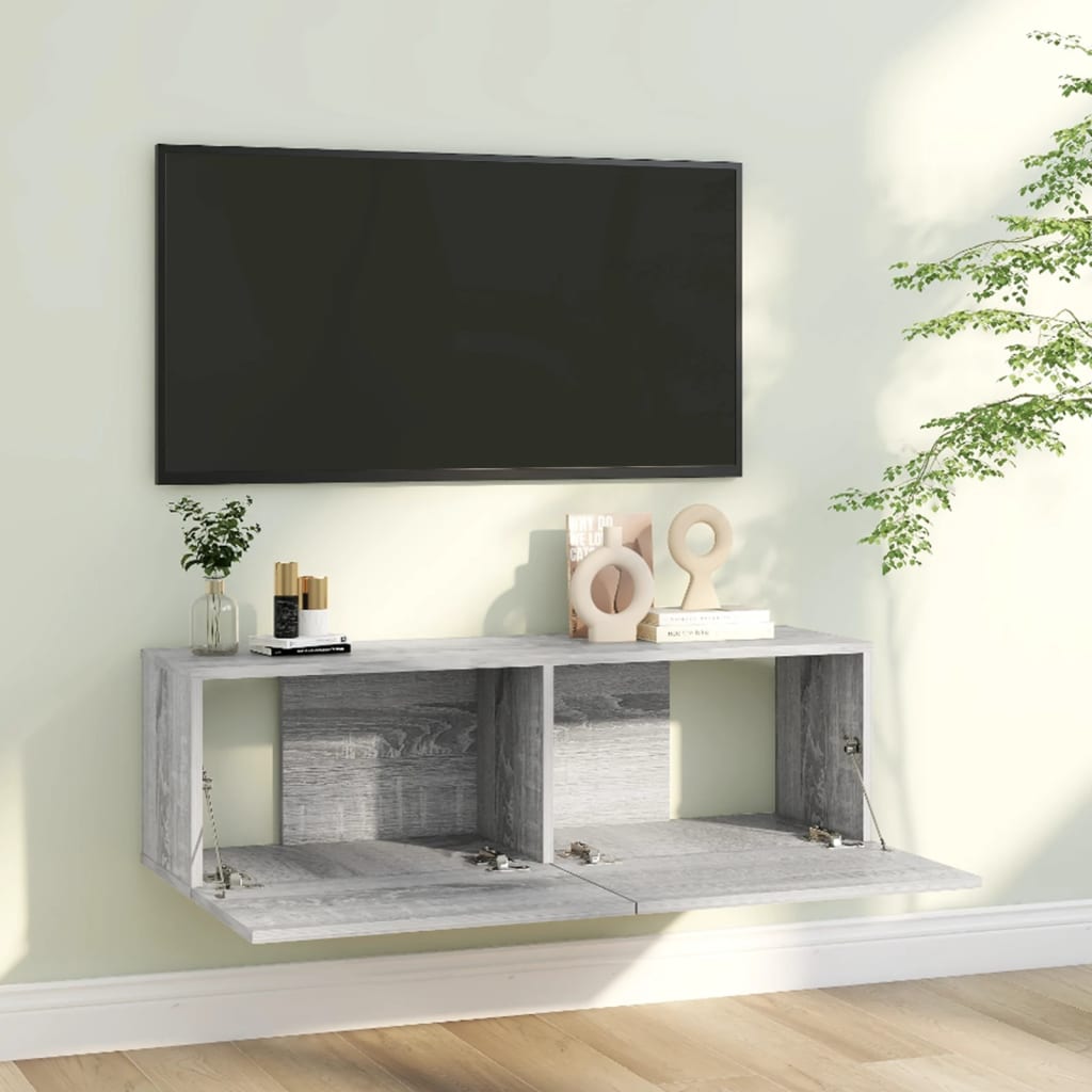 væghængt tv-bord 100x30x30 cm konstrueret træ grå sonoma-eg