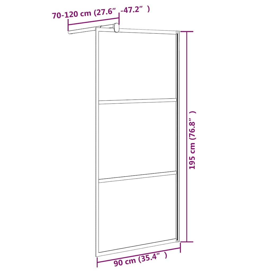 brusevæg 90x195 cm halvmatteret sikkerhedsglas sort