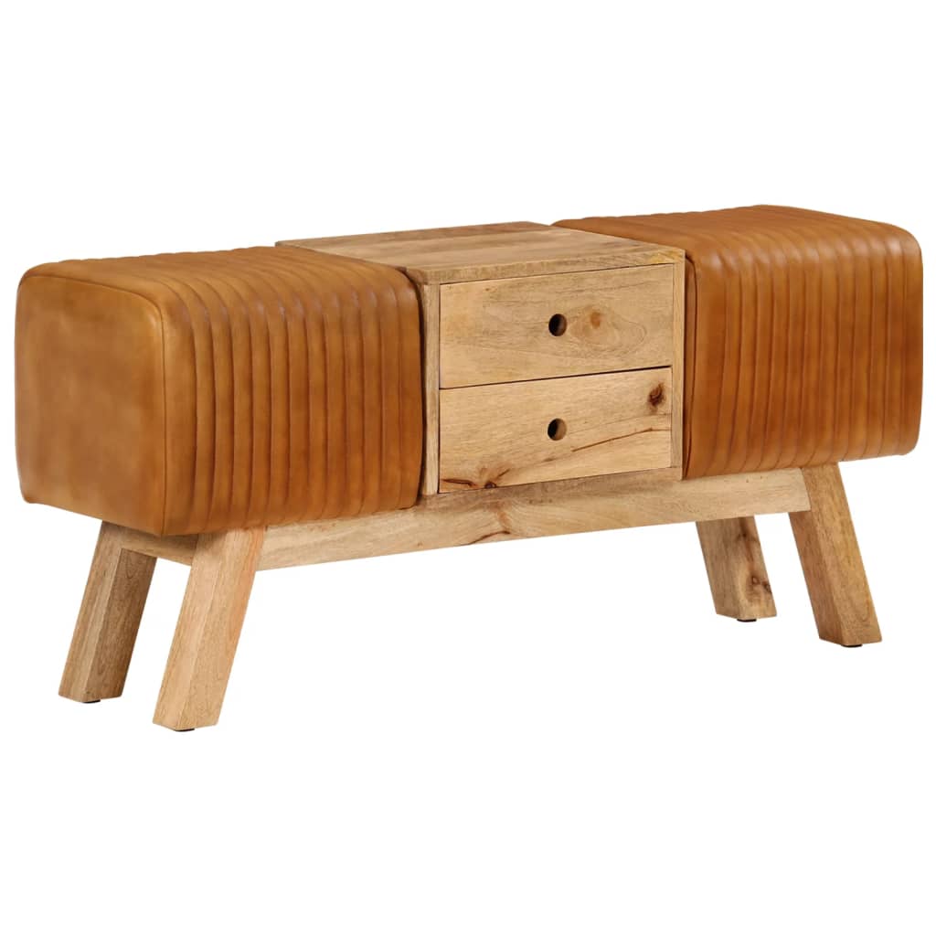 bænk 107 cm ægte gedeskind og massivt mangotræ brun