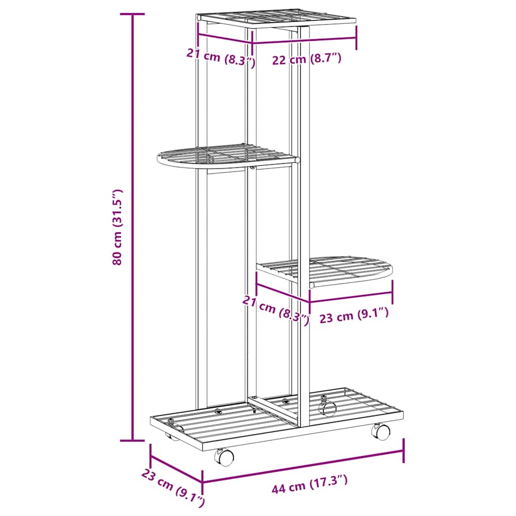 blomsterstativ 4 niveauer med hjul 44x23x80 cm jern sort
