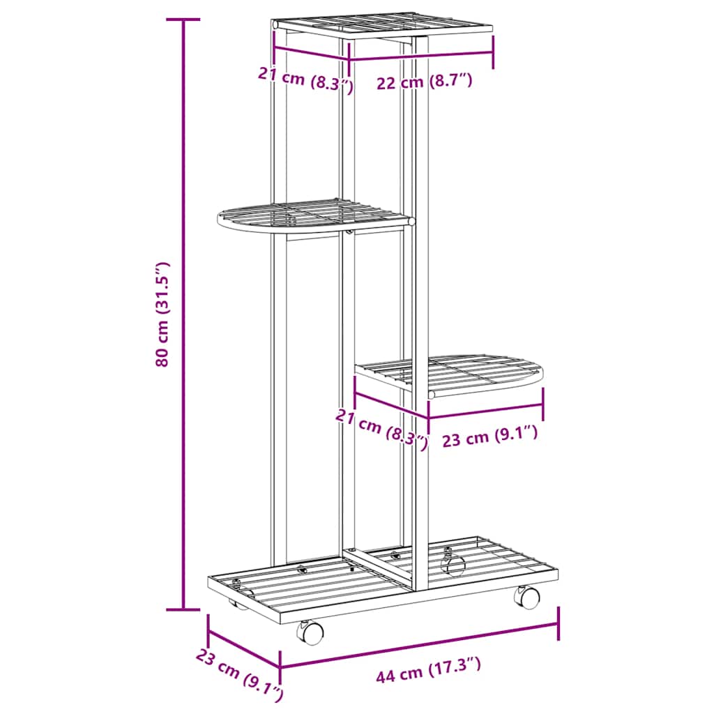 blomsterstativ 4 niveauer med hjul 44x23x80 cm jern hvid
