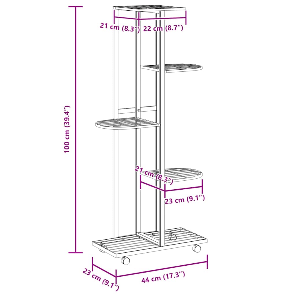 blomsterstativ 5 niveauer med hjul 44x23x100 cm jern hvid