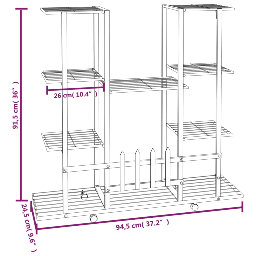 blomsterstativ med hjul 94,5x24,5x91,5 cm jern sort