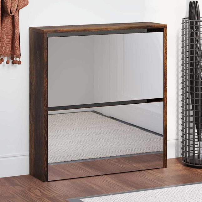 skoskab med spejl 2 hylder 63x17x67 cm røget egetræ
