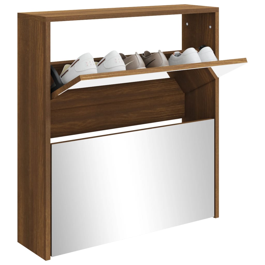 skoskab med spejl 2 hylder 63x17x67 cm brun egetræ