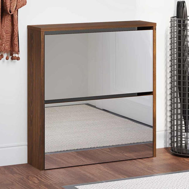 skoskab med spejl 2 hylder 63x17x67 cm brun egetræ