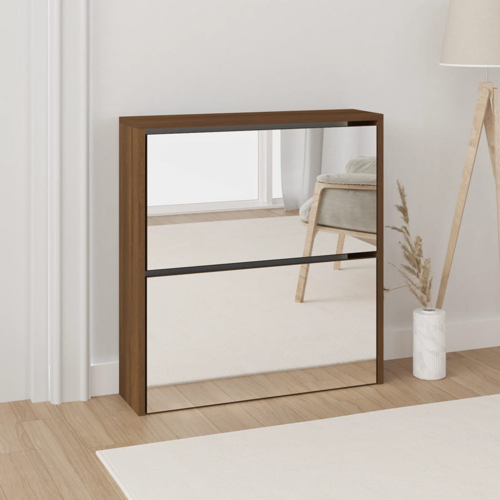 skoskab med spejl 2 hylder 63x17x67 cm brun egetræ