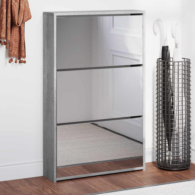 skoskab med spejl 3 hylder 63x17x102,5 cm grå sonoma-eg