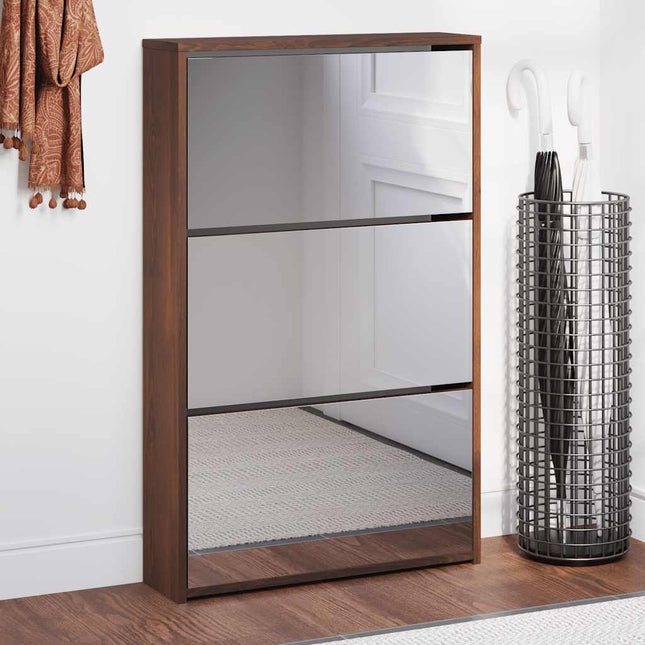 skoskab med spejl 3 hylder 63x17x102,5 cm brun egetræsfarve