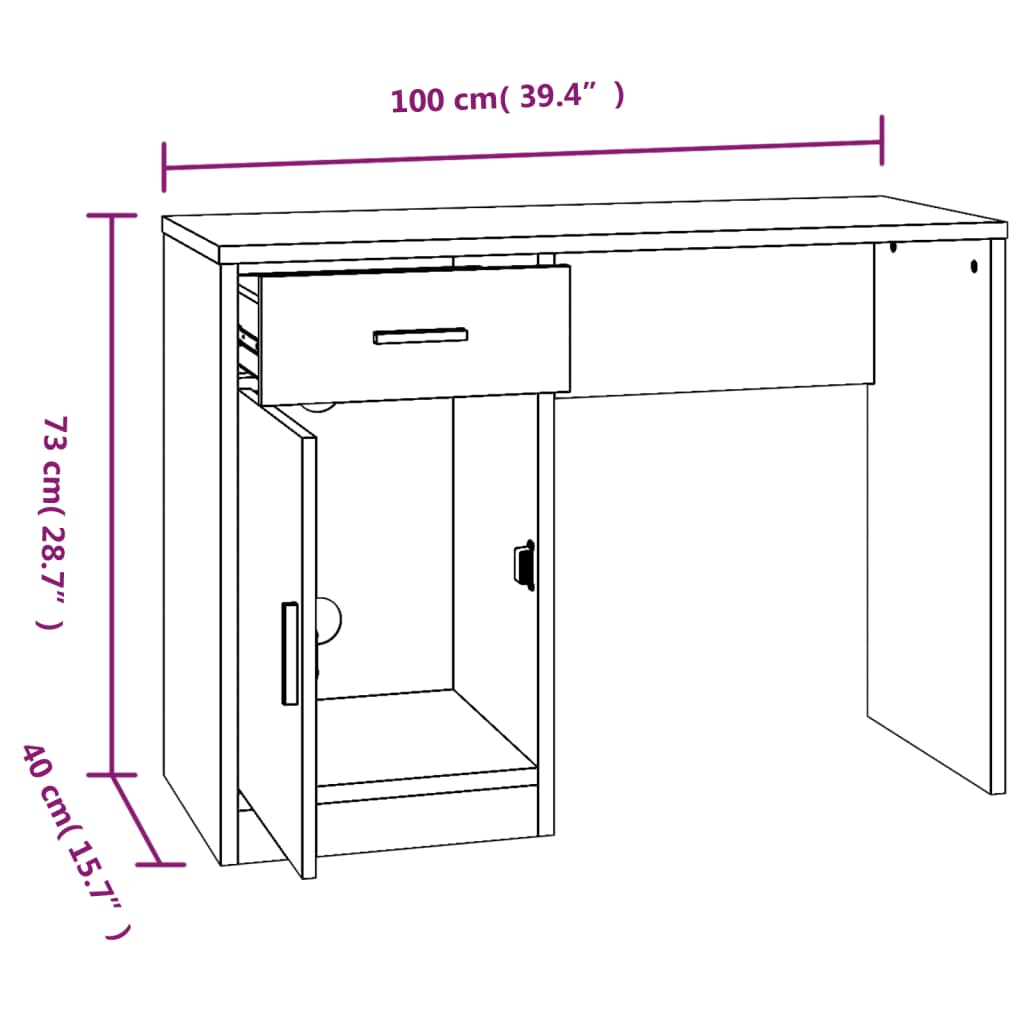 skrivebord med skab 100x40x73 cm konstrueret træ brunt egetræ