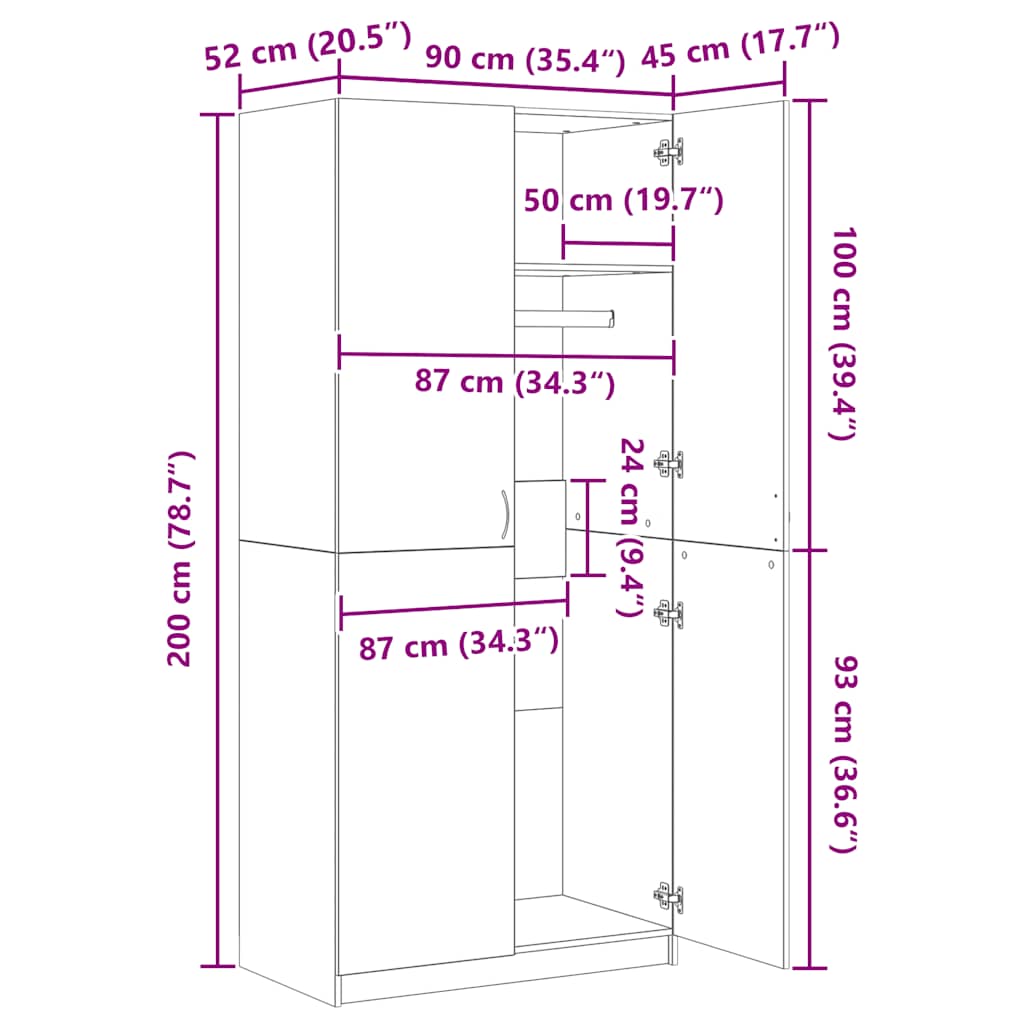 garderobeskab 90x52x200 cm konstrueret træ grå sonoma-eg
