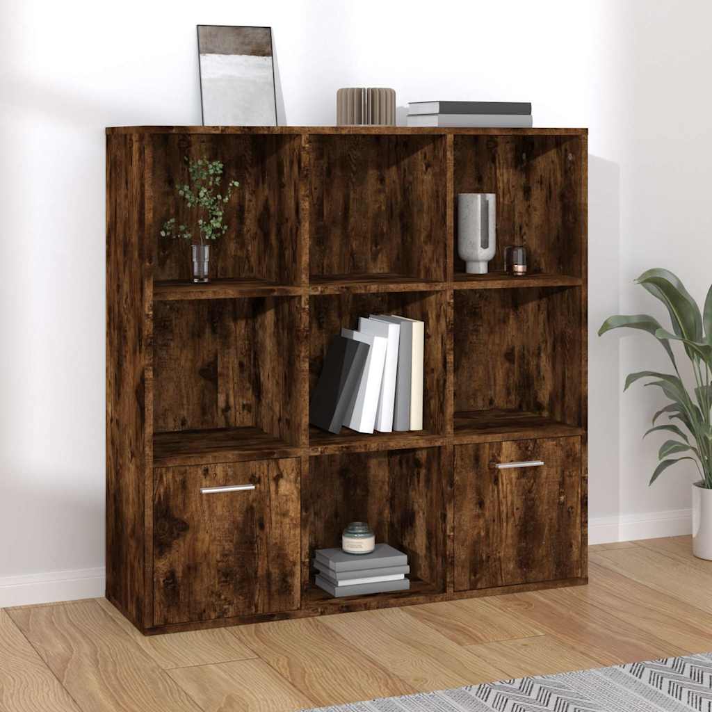 Bogreol med 7 rum og 2 låger 98 x 30 x 98 cm i røget egetræsfarve