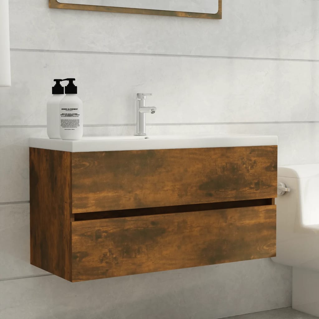 badeværelsesskab 90x38,5x45 cm konstrueret træ røget egetræ billede