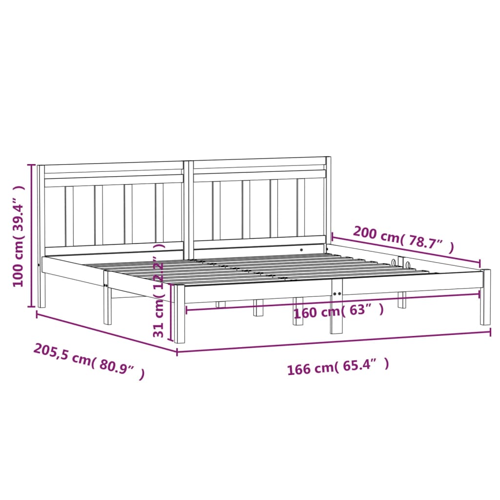 sengeramme 160x200 cm King Size massivt fyrretræ hvid