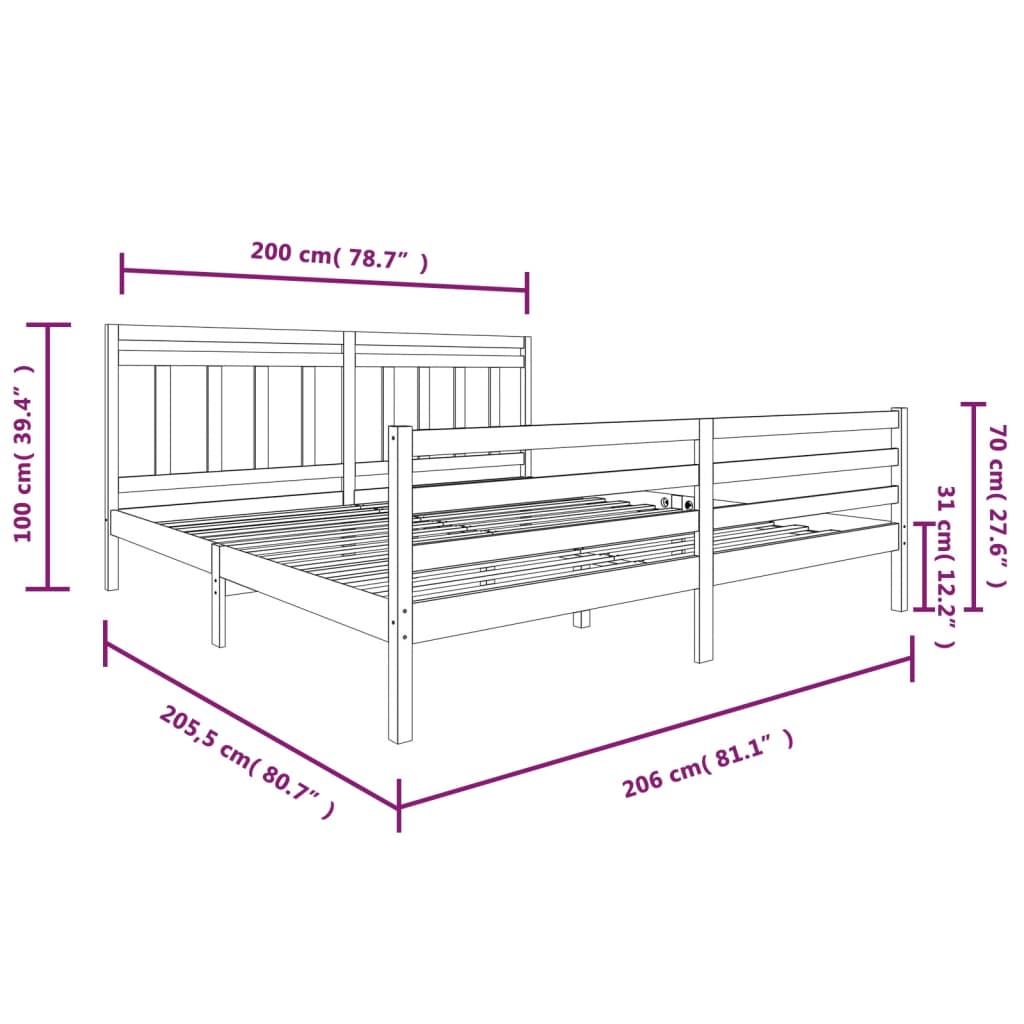 sengeramme 200x200 cm massivt træ grå