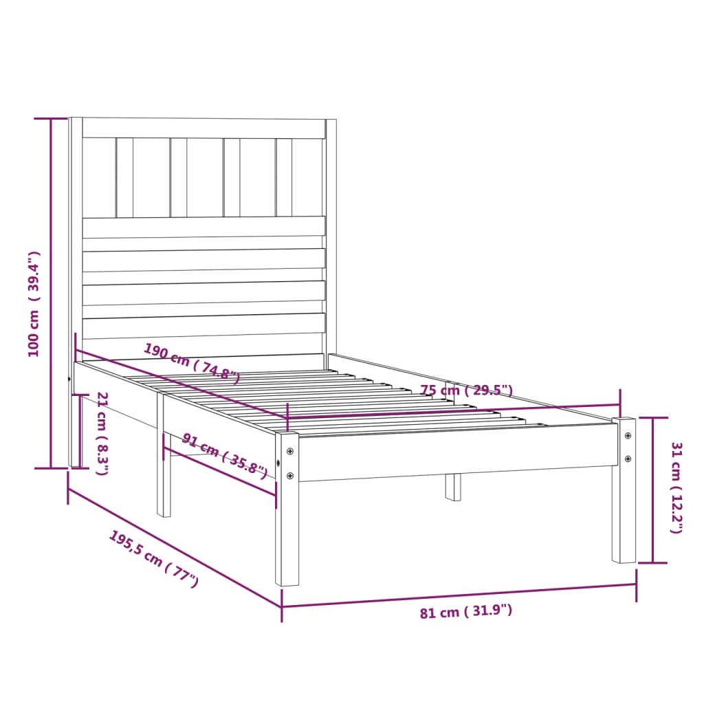 sengeramme 75x190 cm massivt fyrretræ
