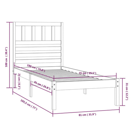 sengeramme uden madras 75x190 cm massivt fyrretræ hvid