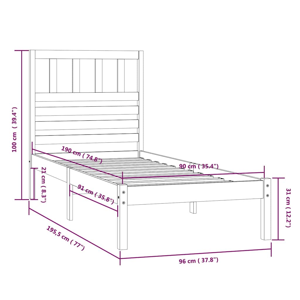 sengeramme 90x190 cm massivt fyrretræ