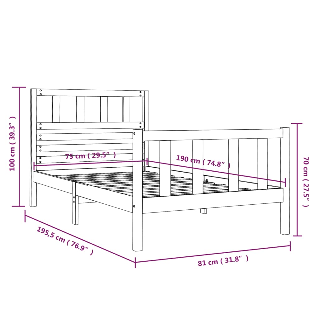 sengeramme 75x190 cm Small Single massivt træ sort
