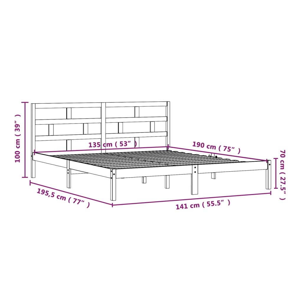 sengeramme 135x190 cm dobbelt massivt træ hvid