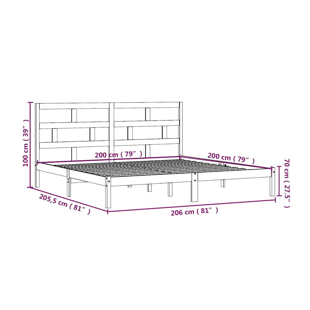 sengeramme 200x200 cm massivt fyrretræ sort