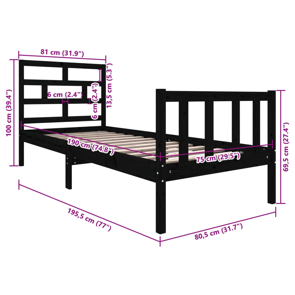 sengeramme 75x190 cm Small Single massivt fyrretræ sort