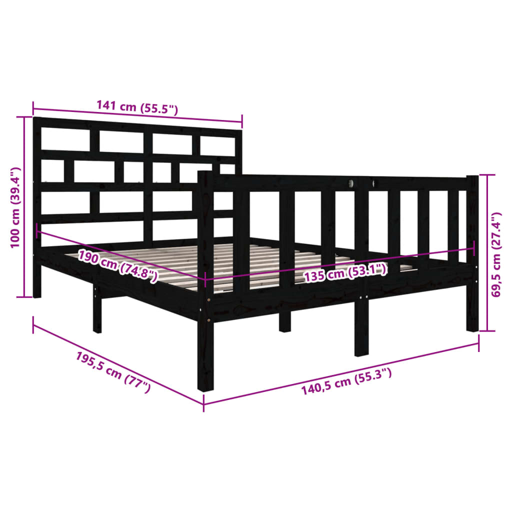 sengeramme 135x190 cm Double massivt fyrretræ sort