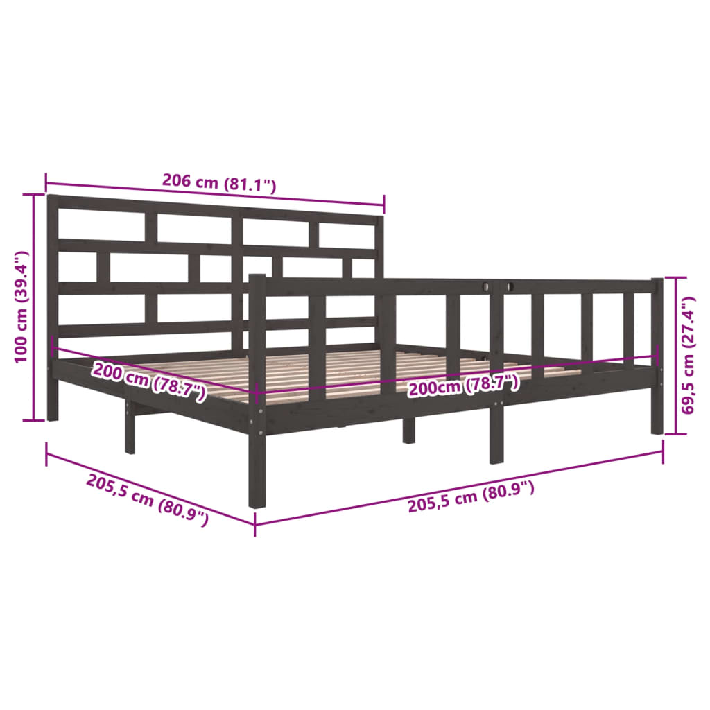 sengeramme 200x200 cm massivt fyrretræ grå
