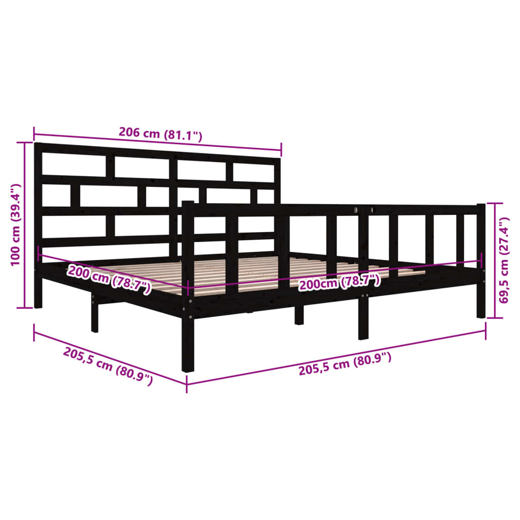 sengeramme 200x200 cm massivt fyrretræ sort