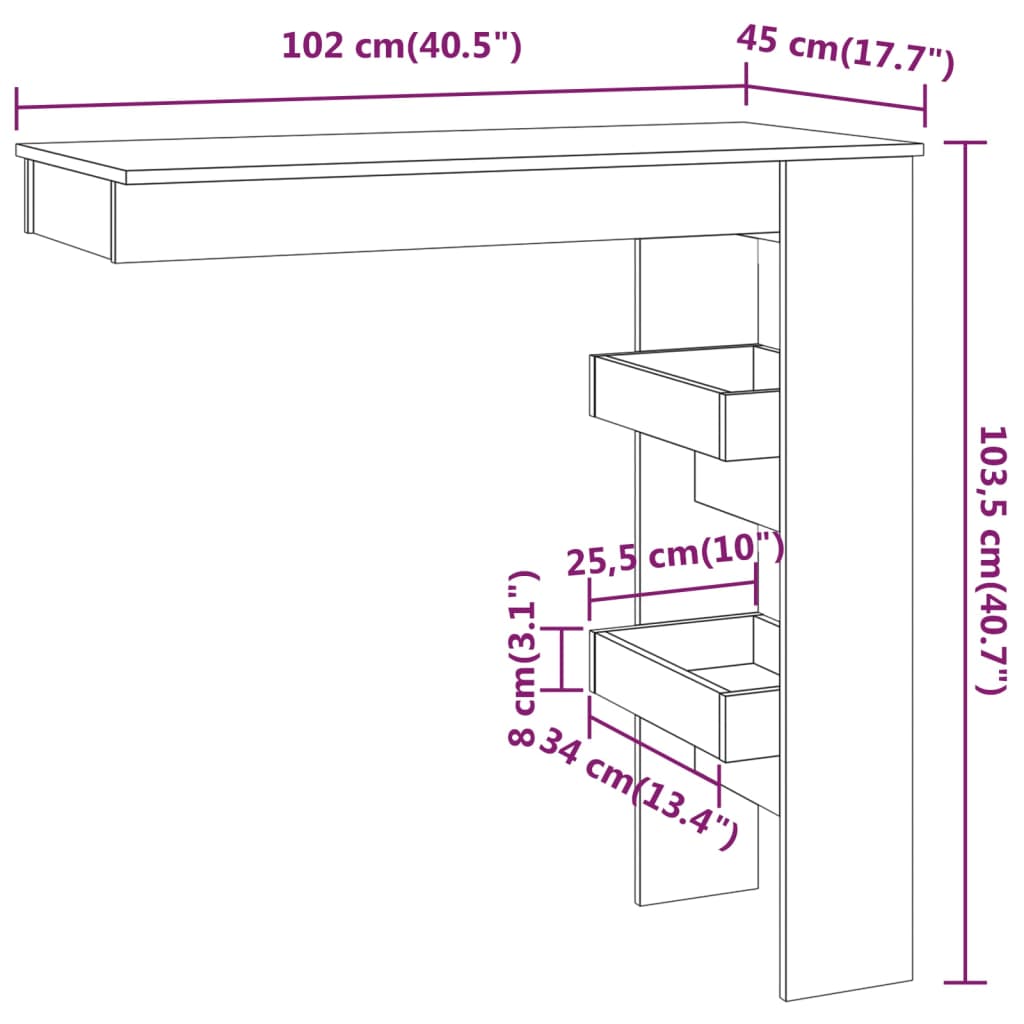 vægmonteret barbord 102x45x103,5 cm konstrueret træ hvid