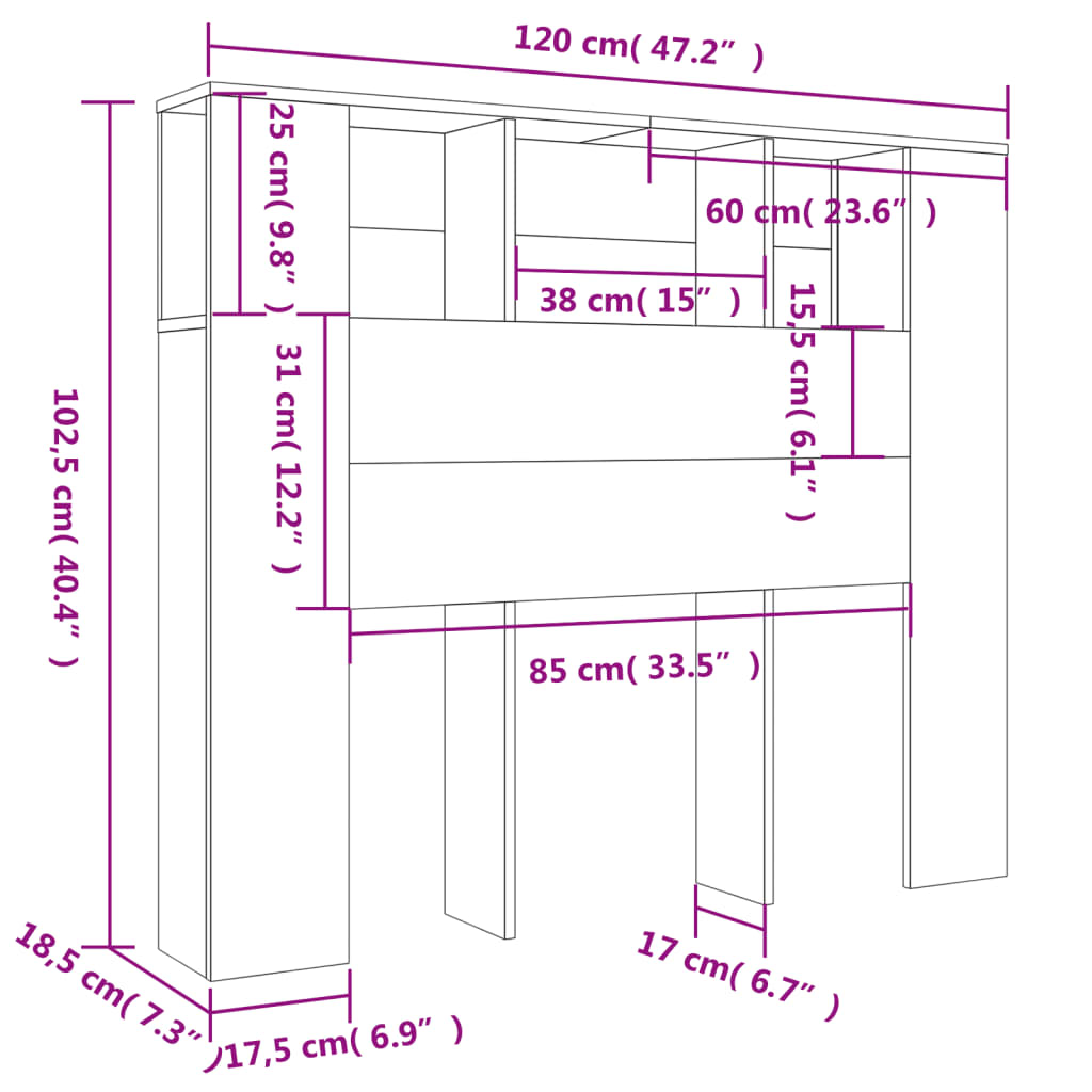 sengegavl med opbevaring 120x18,5x102,5 cm betongrå