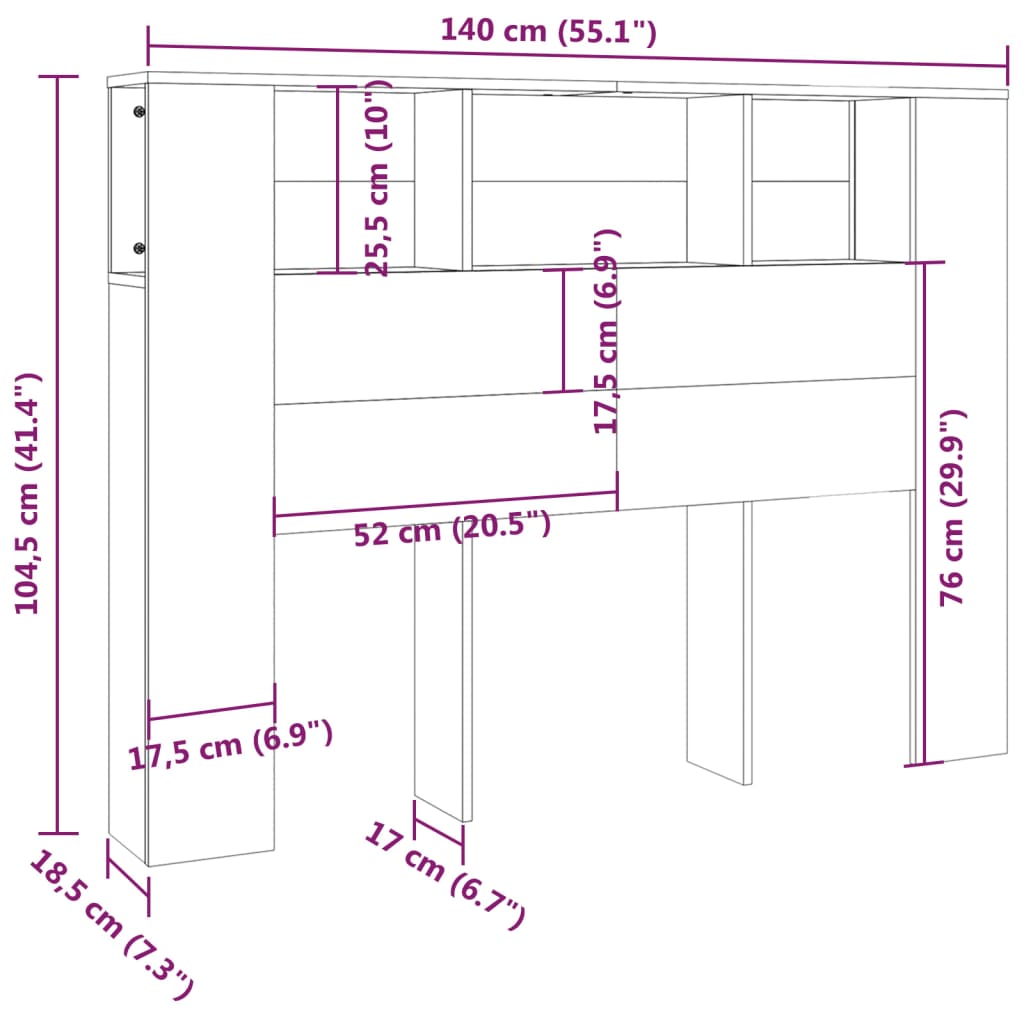 sengegavl med opbevaring 140x18,5x104,5 cm grå sonoma-eg