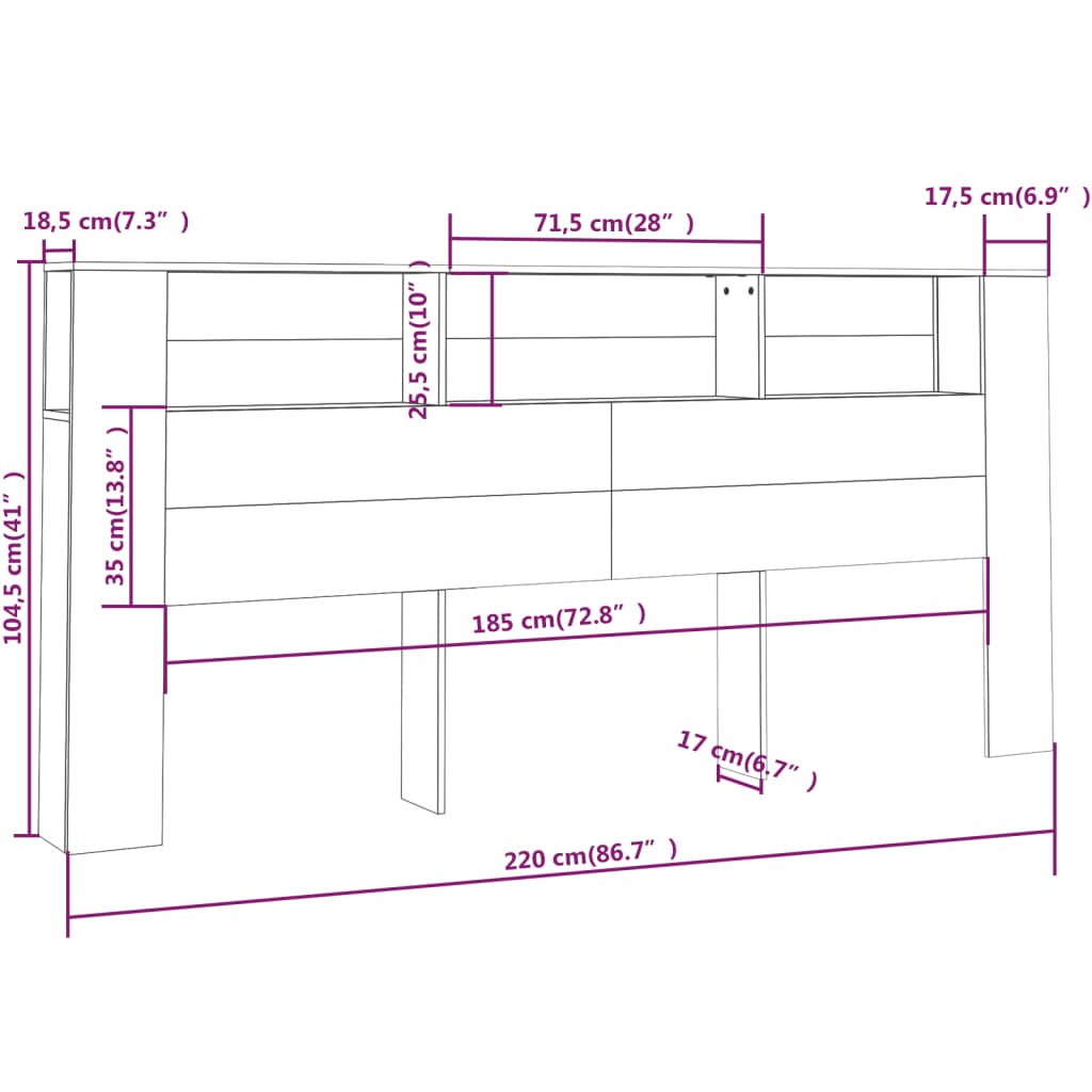 sengegavl med opbevaring 220x18,5x104,5 cm grå sonoma-eg