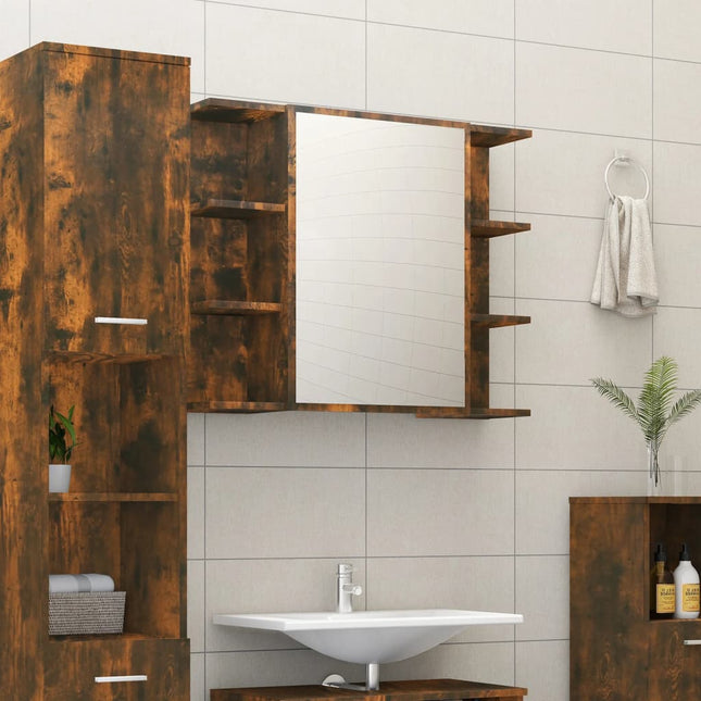 badeværelsesskab + spejl 80x20,5x64 cm konstrueret træ røget eg