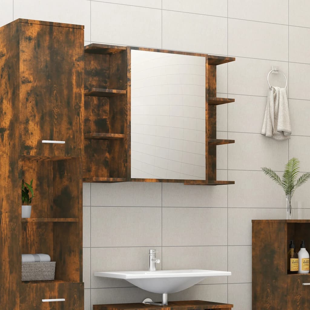 Badeværelsesskab med spejl 80 × 20,5 × 64 cm - røget eg, konstrueret træ