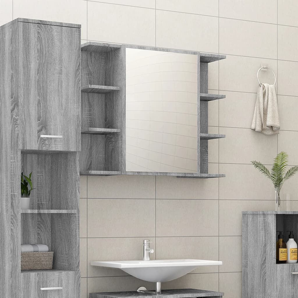 skab med spejl 80x20,5x64 cm konstrueret træ grå sonoma-eg