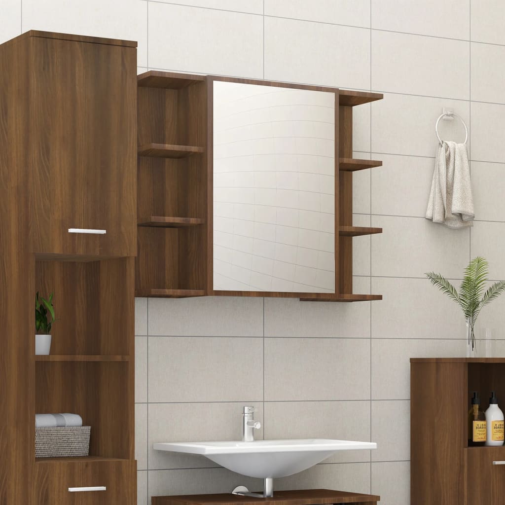badeværelsesskab + spejl 80x20,5x64 cm konstrueret træ brunt eg