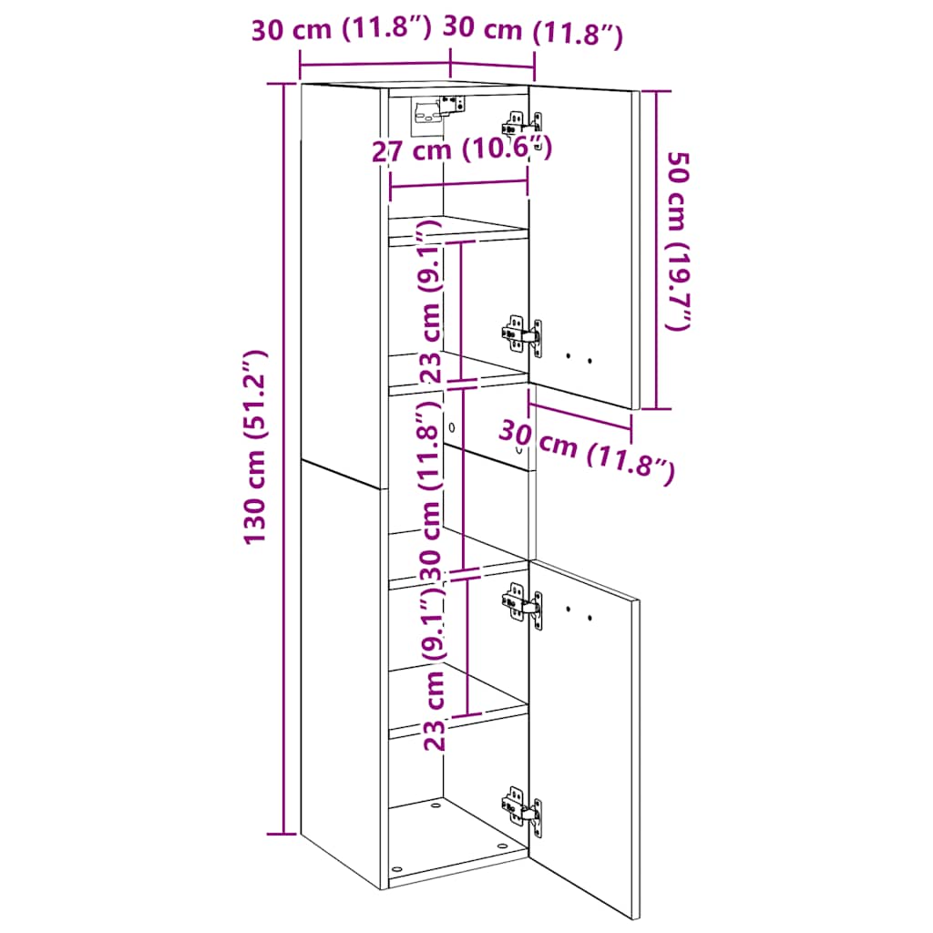badeværelsesskab 30x30x130 cm konstrueret træ brun egetræ