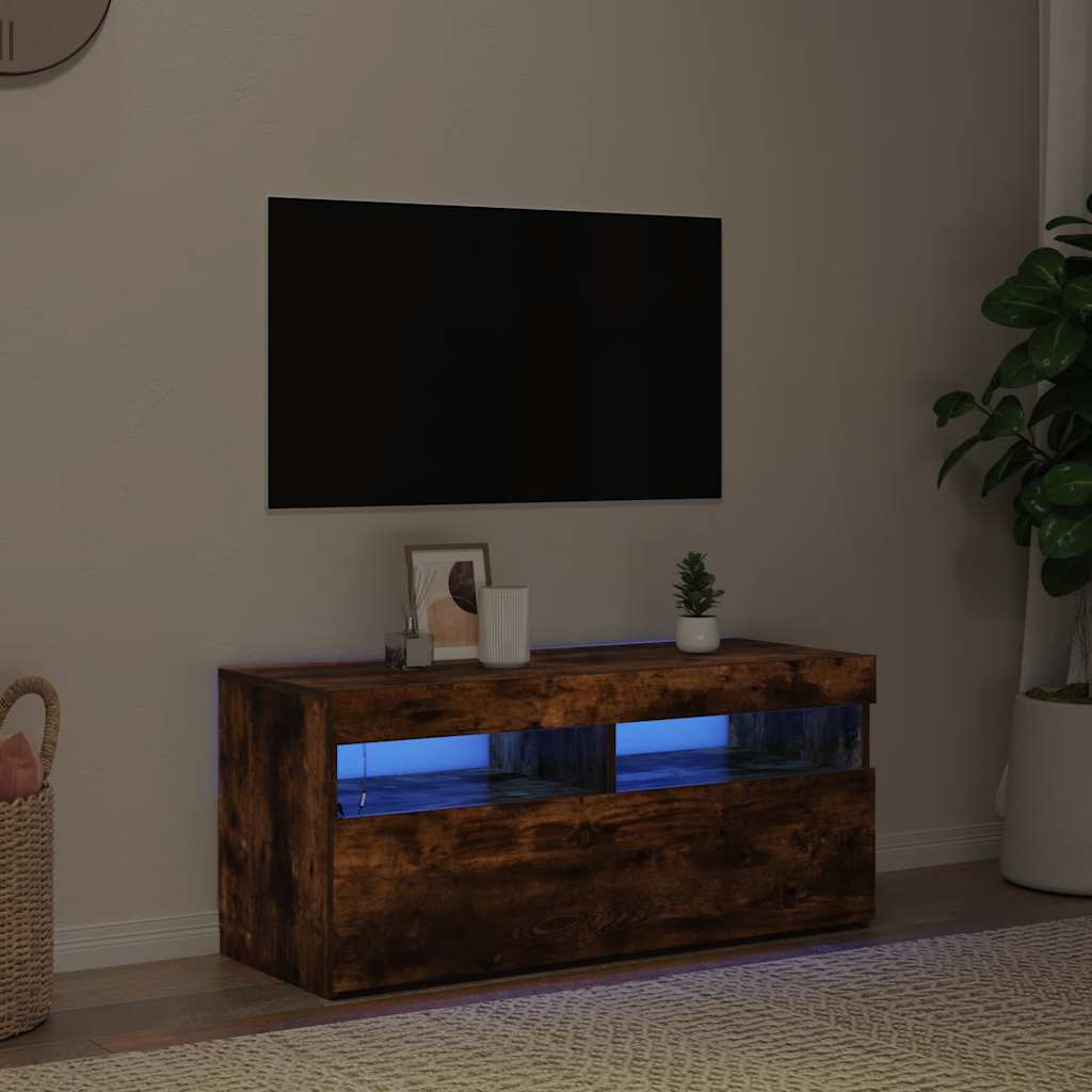 tv-bord med LED-lys 90x35x40 cm røget egetræsfarve