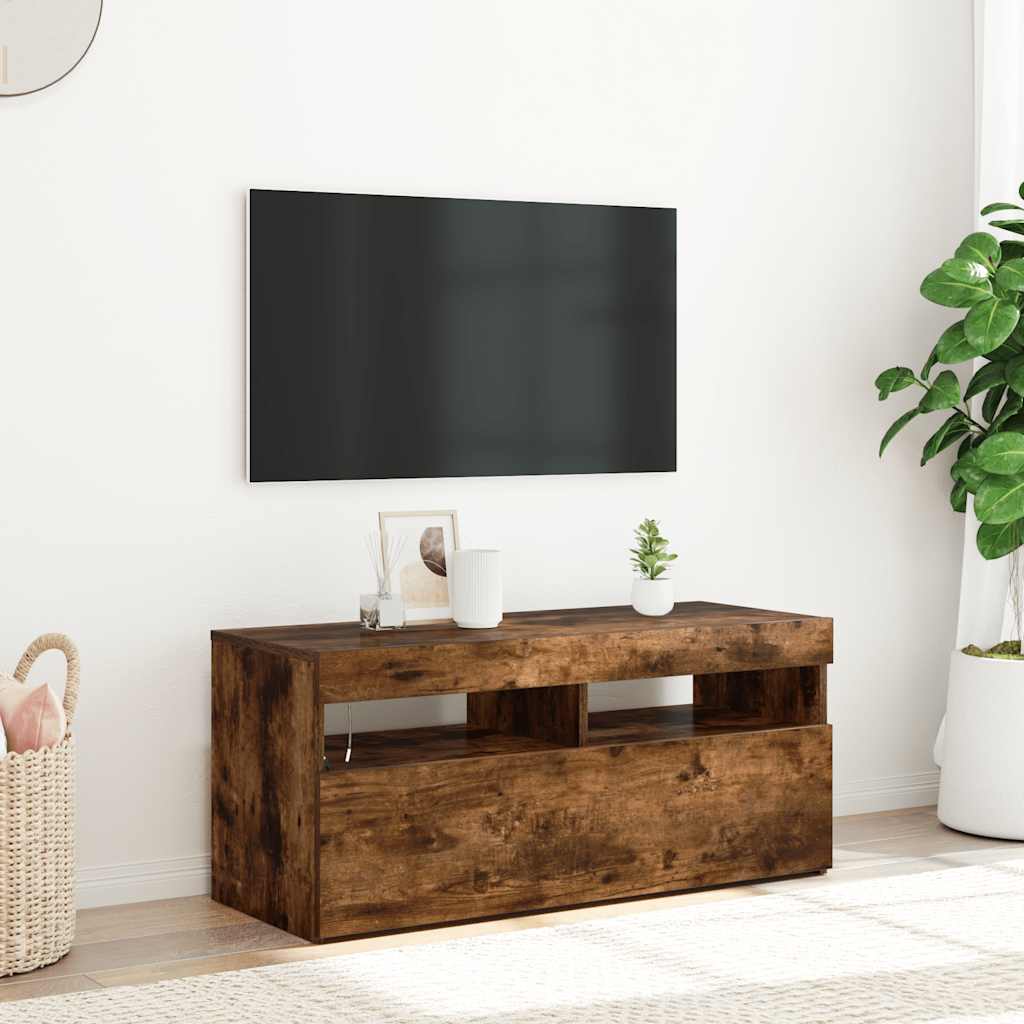 tv-bord med LED-lys 90x35x40 cm røget egetræsfarve