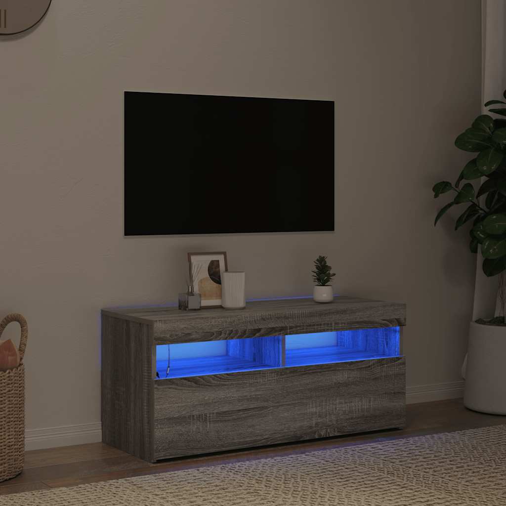 tv-bord med LED-lys 90x35x40 cm grå sonoma-eg