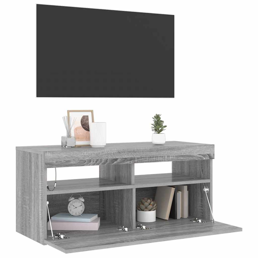 tv-bord med LED-lys 90x35x40 cm grå sonoma-eg