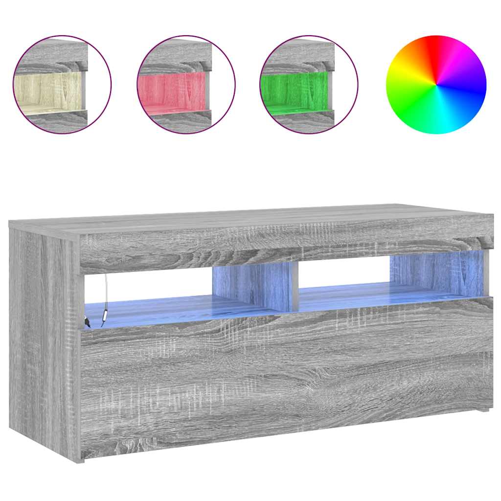 tv-bord med LED-lys 90x35x40 cm grå sonoma-eg