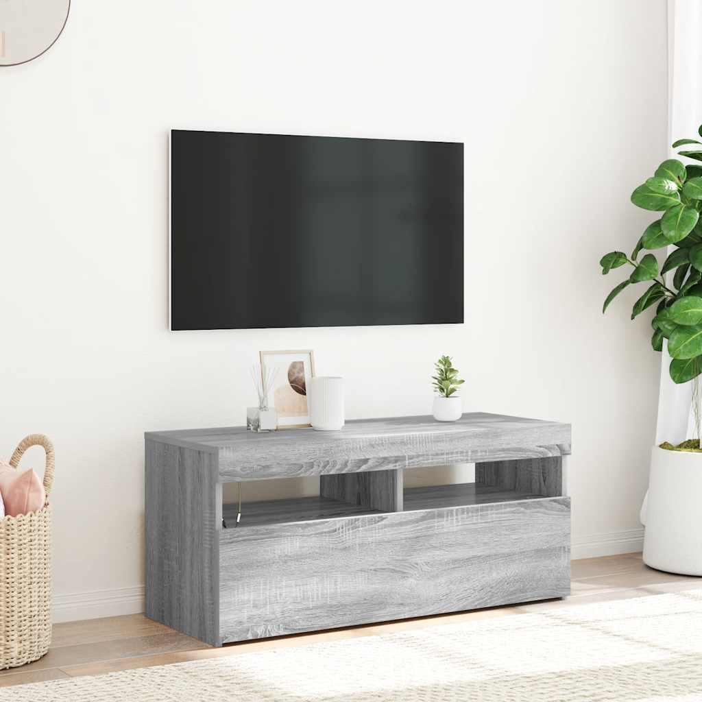 tv-bord med LED-lys 90x35x40 cm grå sonoma-eg