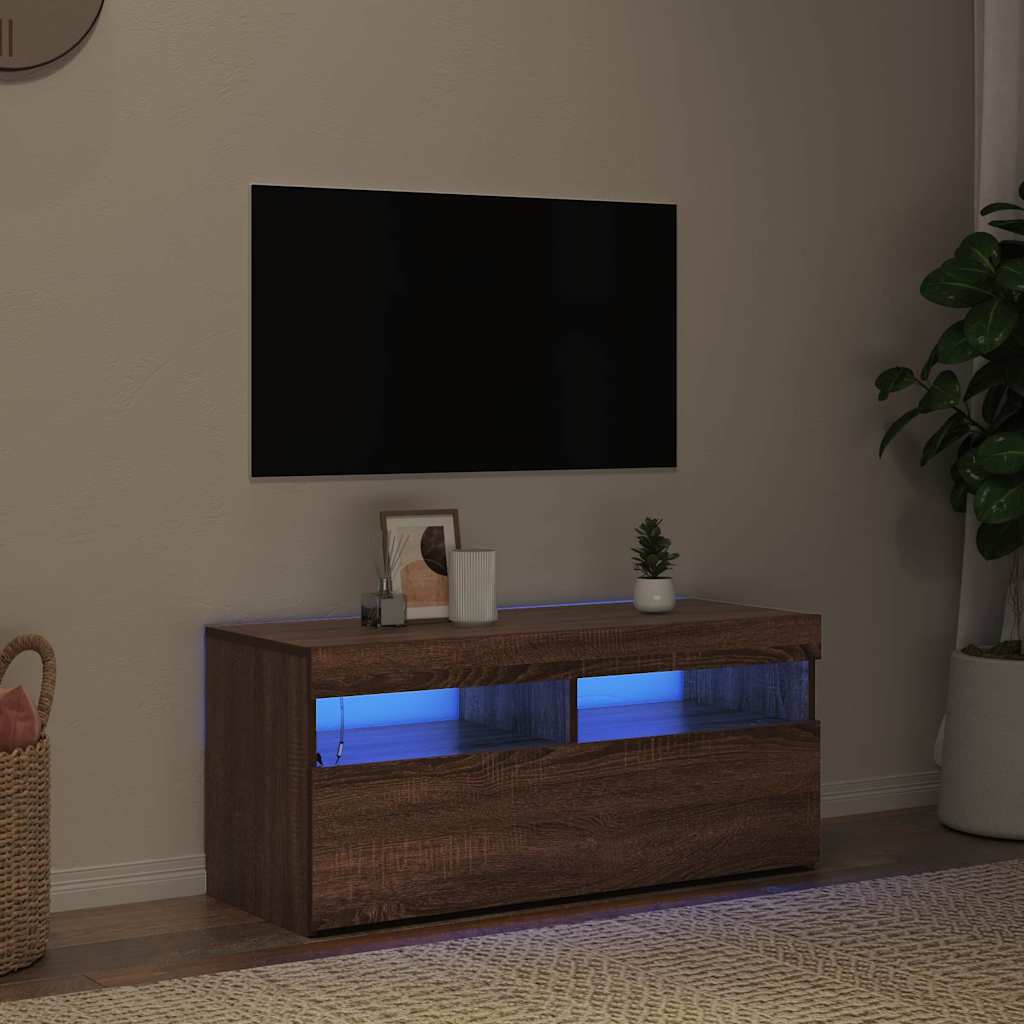 tv-bord med LED-lys 90x35x40 cm brun egetræsfarve