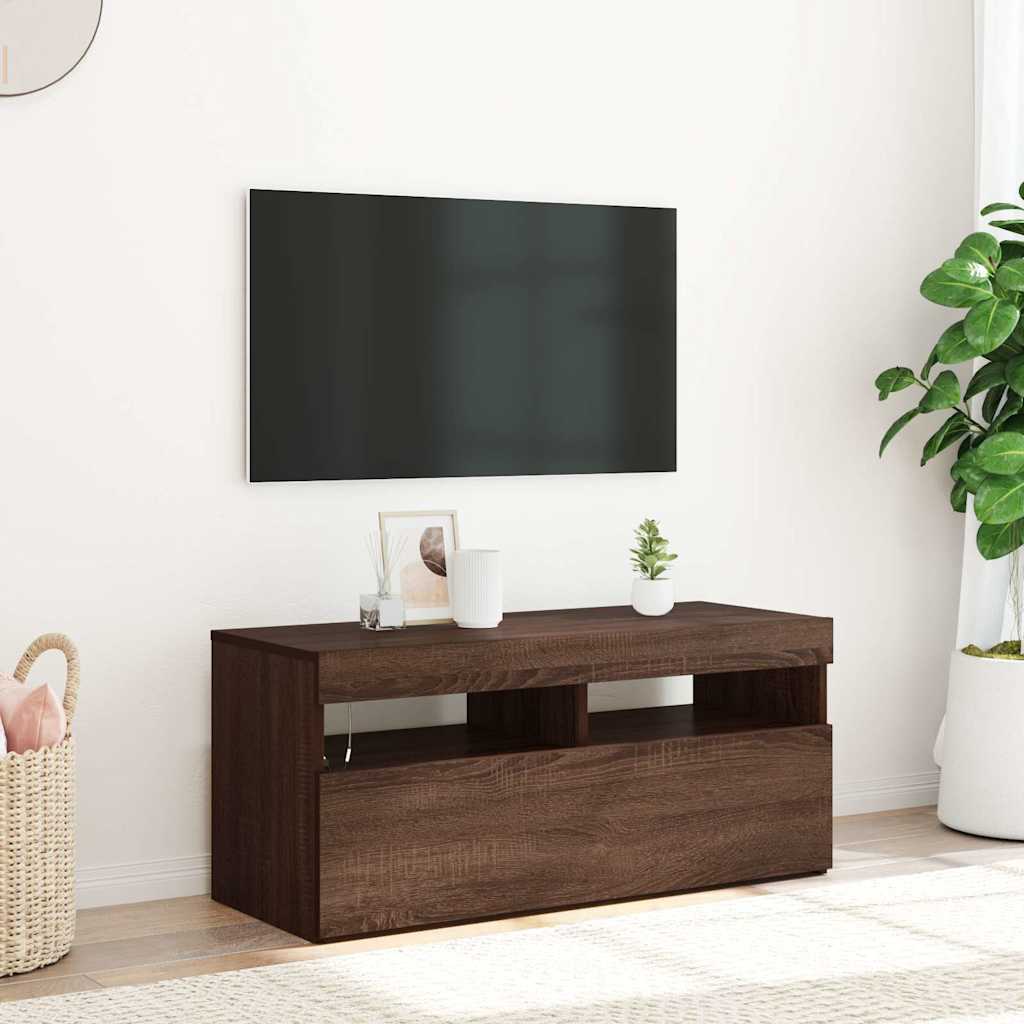 tv-bord med LED-lys 90x35x40 cm brun egetræsfarve
