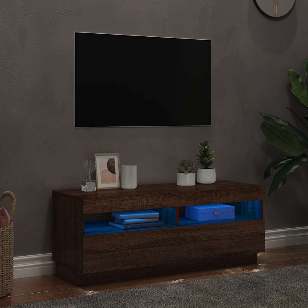 tv-bord med LED-lys 100x35x40 cm brun eg