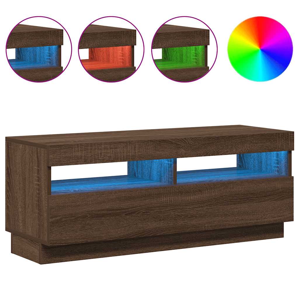 tv-bord med LED-lys 100x35x40 cm brun eg