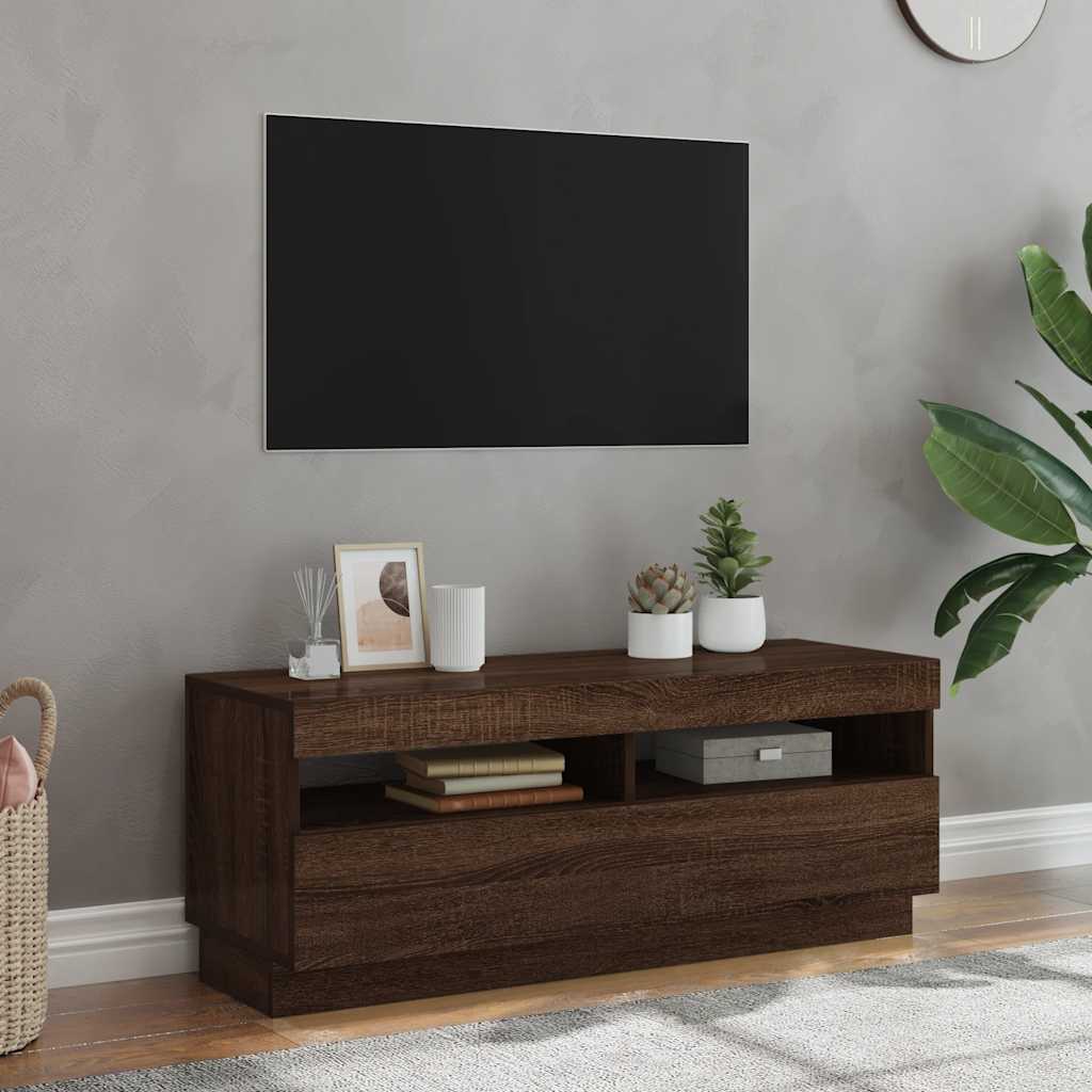 tv-bord med LED-lys 100x35x40 cm brun eg