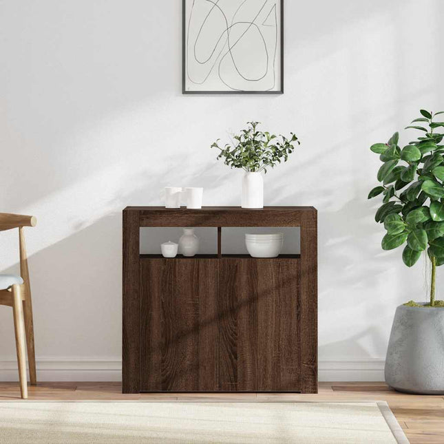 skænk med LED-lys 80x35x75 cm brun eg